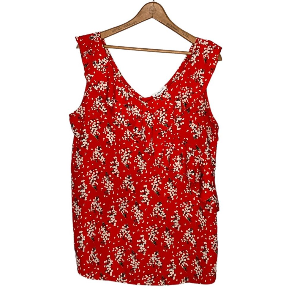 Anthropologie Large L Hailey & Co Red Floral V-Neck Sleeveless Ruffle Detail Top